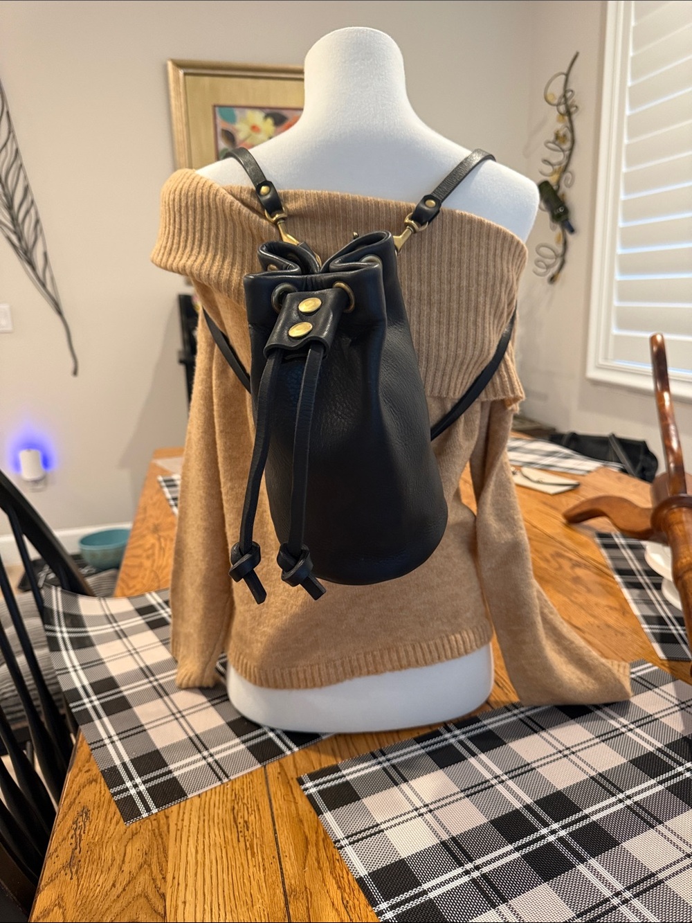 Black Leather Crossbody/ Backpack Bucket Style Bag with Gold Hardware